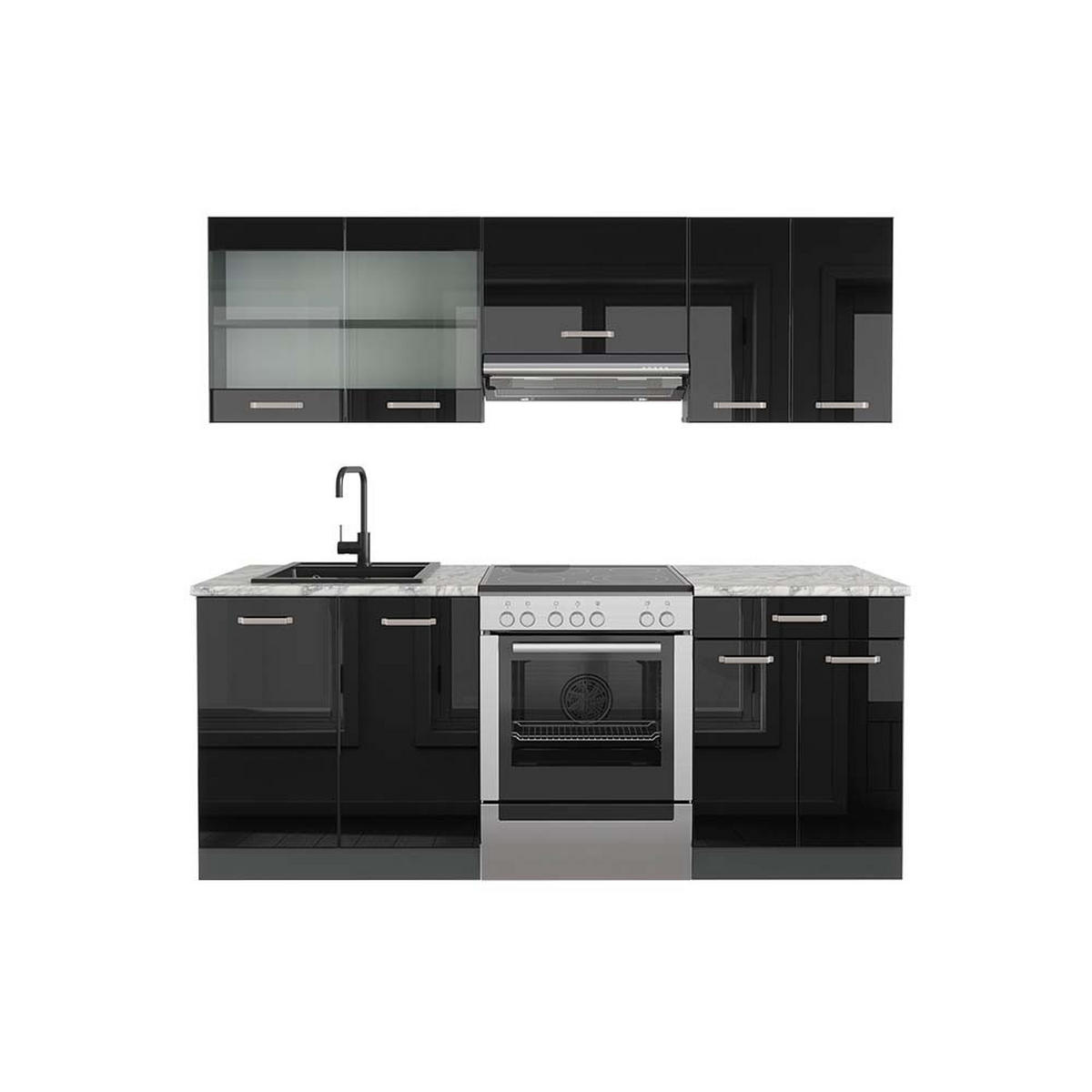 KÜCHENZEILE R-Line Schwarz Hochglanz/Anthrazit 200 cm, AP Marmor - Schwarz Hochglanz/Anthrazit, Holzwerkstoff (200/81.6/60cm) - Vicco