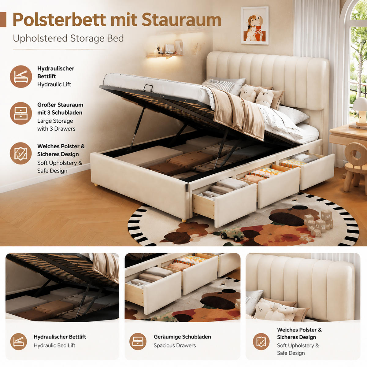 POLSTERBETT 140/200 cm in Beige mit Bettkasten, 3 Schubladen und LED aus Samt - Beige, Holzwerkstoff/Textil - STILVORA
