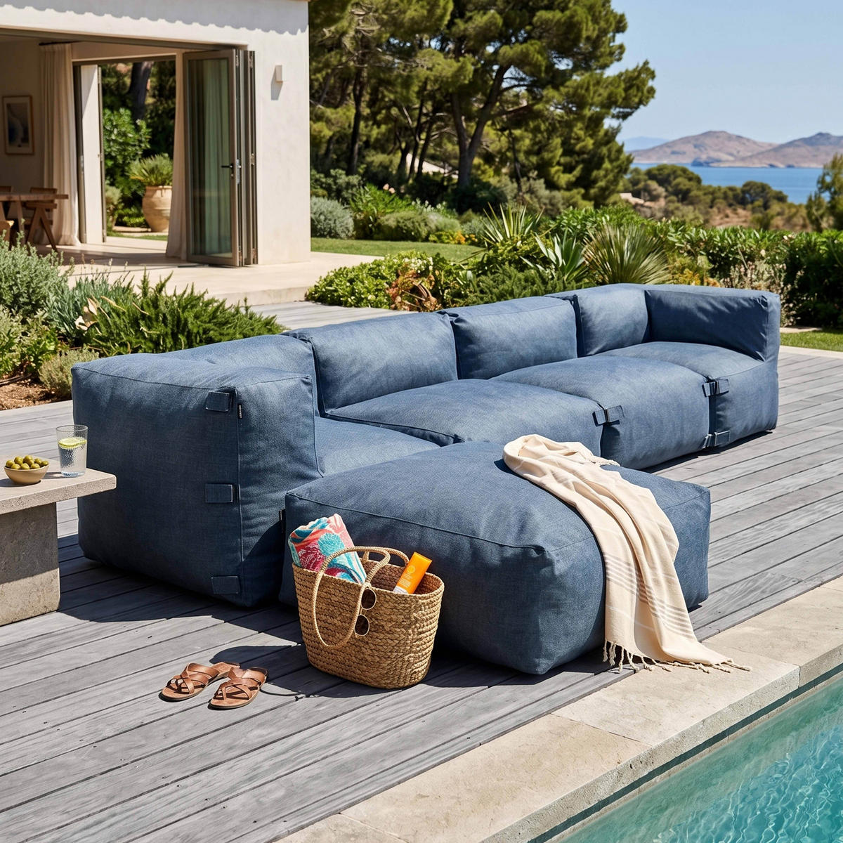 GARTENSOFA mit 5 Sitzplätzen, Pazifikblau - Blau, Textil - Oviala