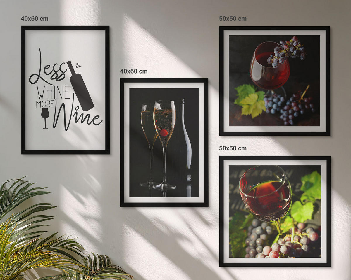 WANDBILDER 4er-Set - 50x50 cm & 40x60 cm Schwarzer Rahmen - Weingläser mit Trauben und Inschrift - Schwarz, Kunststoff (50/50cm) - ArtPrintCave