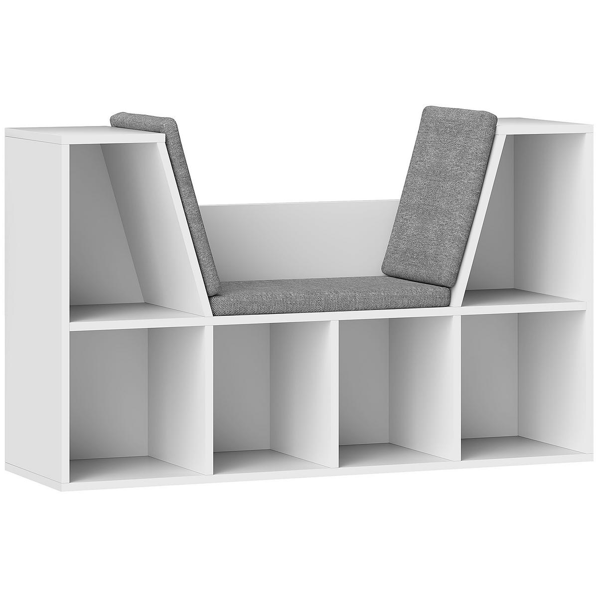 BÜCHERREGAL mit Sitzkissen, Aufbewahrungsregal mit 6 Fächern, Leinenoptik, Weiß - Weiß/Grau, Holzwerkstoff/Textil (30/63/105cm) - HOMCOM