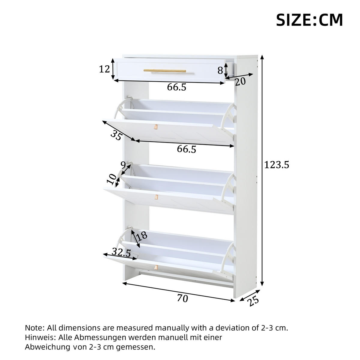 SCHUHSCHRANK aus MDF 70x25x123,5cm in Weiß mit 6 Fächern & Schublade - Weiß, Holzwerkstoff (70/123.5/25cm) - Modfu