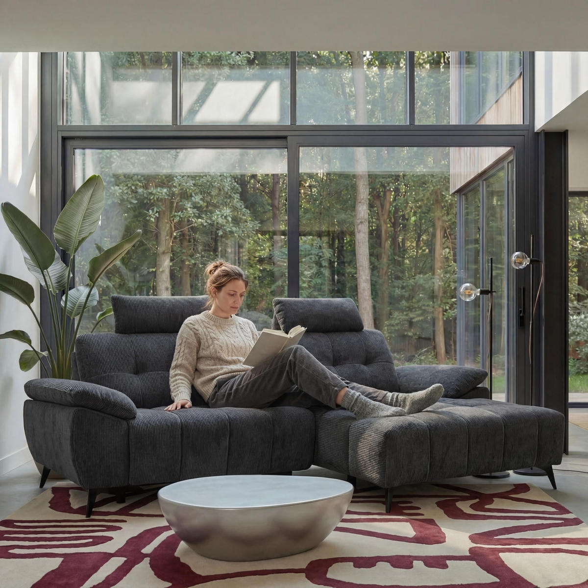 ECKSOFA Webstoff Grau - Schwarz/Grau, Textil/Metall (268/156cm) - Furnhouse
