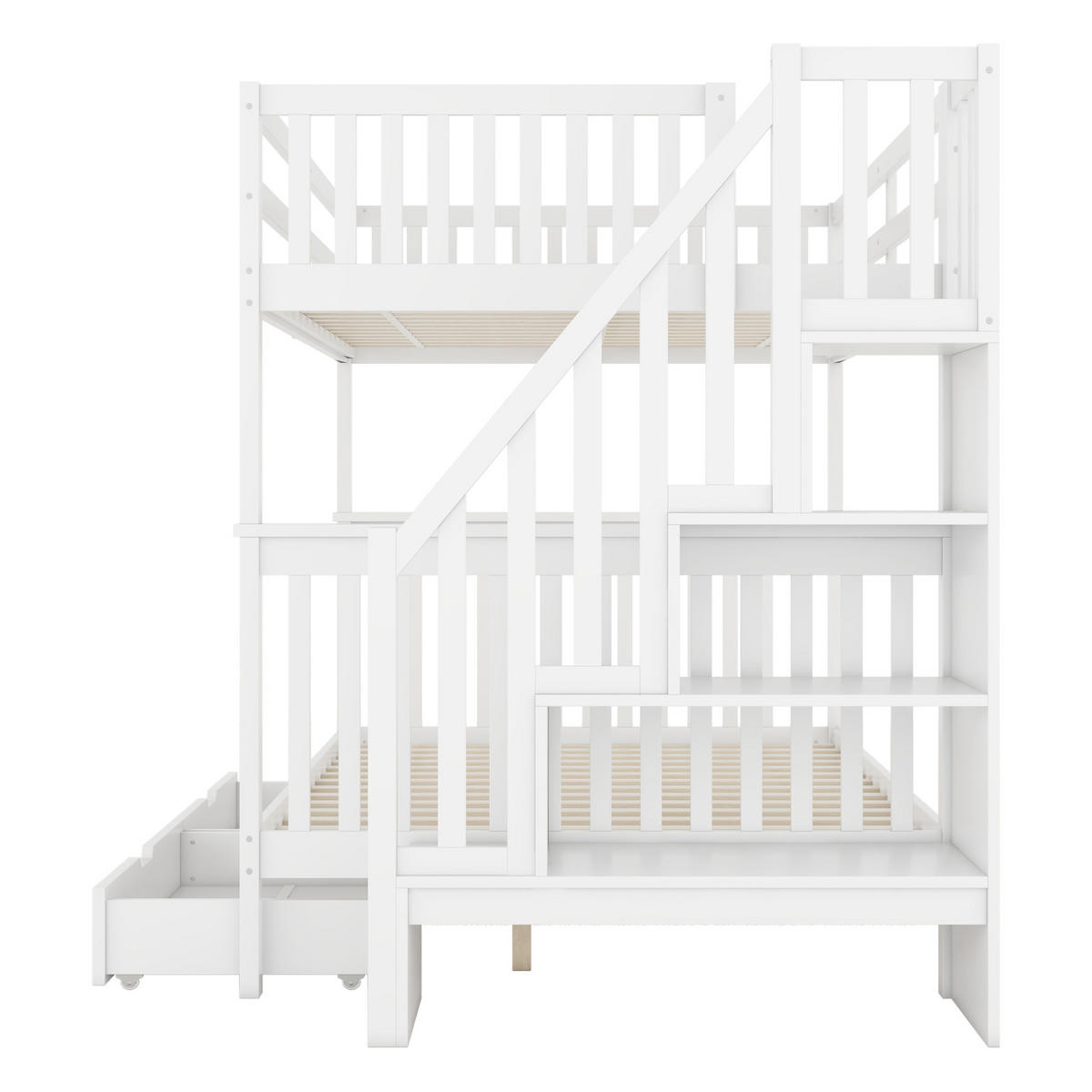 ETAGENBETT 140/200 cm weiß aus Kiefernholz mit Stauraumtreppe - Weiß, Holzwerkstoff (140/200cm) - OKWISH
