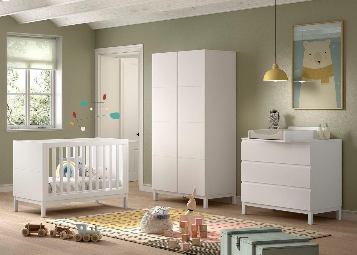BABYZIMMER SET Keely Kiefer & MDF weiß Babybett Wickelkommode Schrank - Weiß, Holz (58/196/99cm) - 58aufmkessel