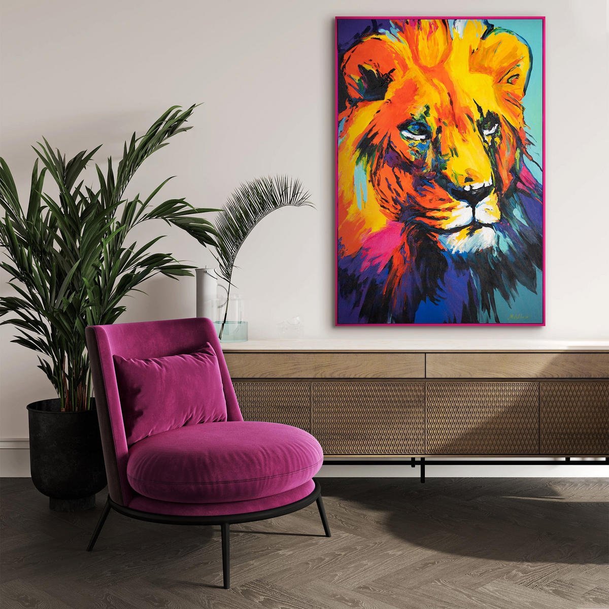 GEMÄLDE Löwengrazie Schattenfugenrahmen Pink 120x80 cm - Pink, Holz (120/80cm) - YS-art gallery
