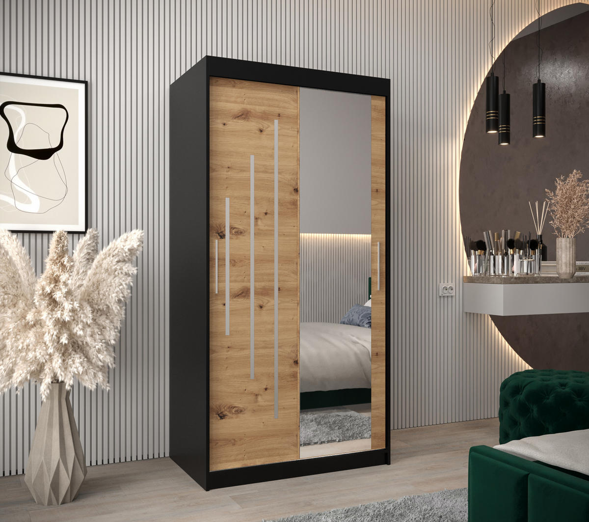 SCHWEBETÜRENSCHRANK 200/100/62 2-türig - Silberfarben/Schwarz, Holz/Kunststoff (100/200/62cm) - Abiks Möbel