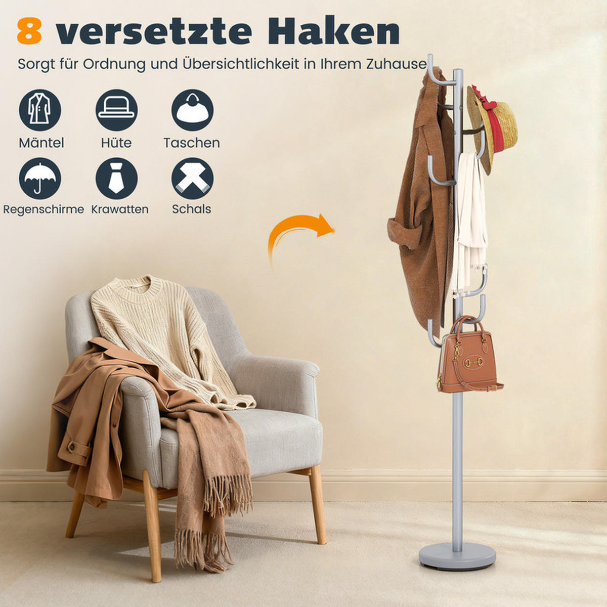 GARDEROBENSTÄNDER mit 8 Haken silber - Silberfarben, Metall (27/119/27cm) - COSTWAY