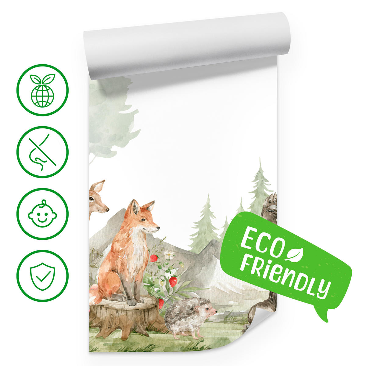 FOTOTAPETE für Kinderzimmer Aquarell Waldtiere Fuchs Reh Tragen 450x315 - Multicolor, Papier (450/315cm) - Muralo