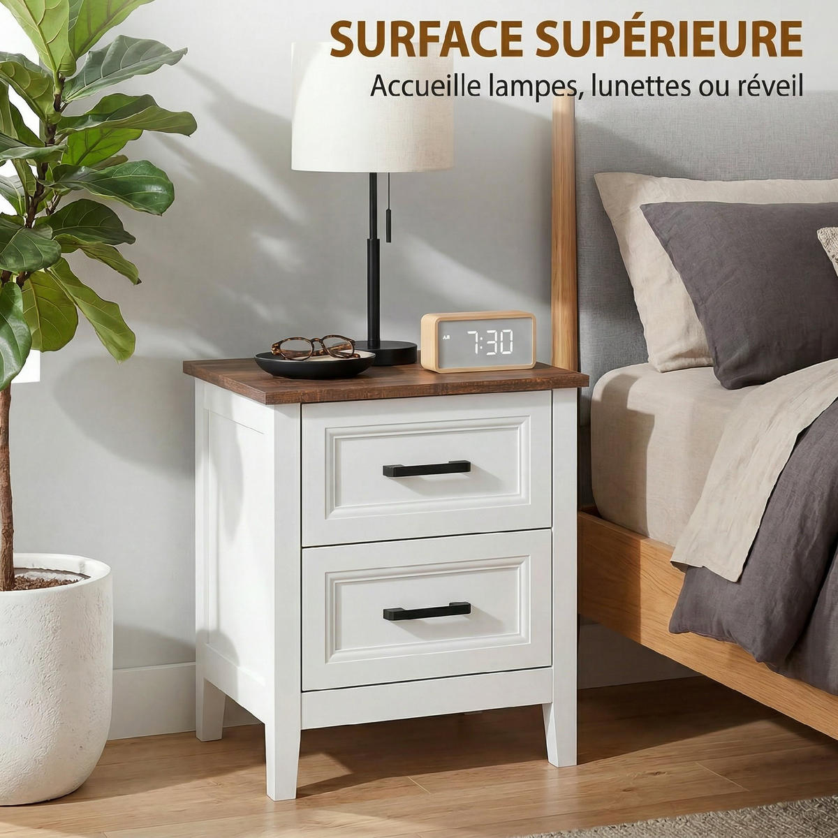 NACHTSCHRANK DE-12960 2 Schubladen, Landhausstil Weiß/Braun - Weiß, Holzwerkstoff (35/50/45cm) - ComfortXL
