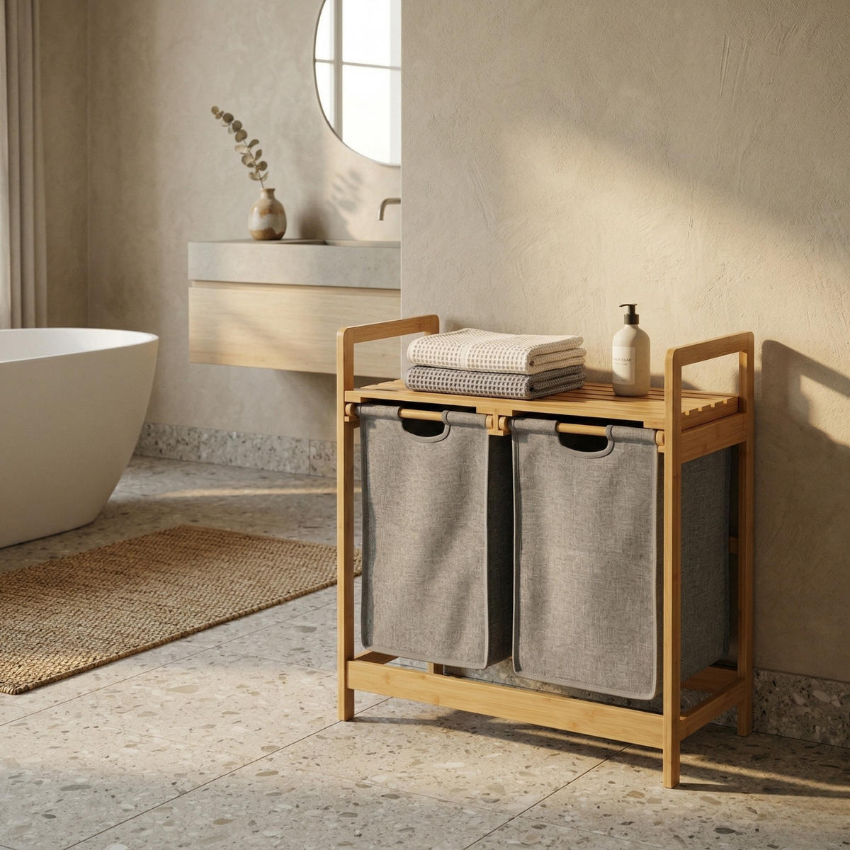 WÄSCHEKORB Bambus Tela 70 l 33/63/74 cm - Grau, Textil (63/74/33cm) - NUXIO