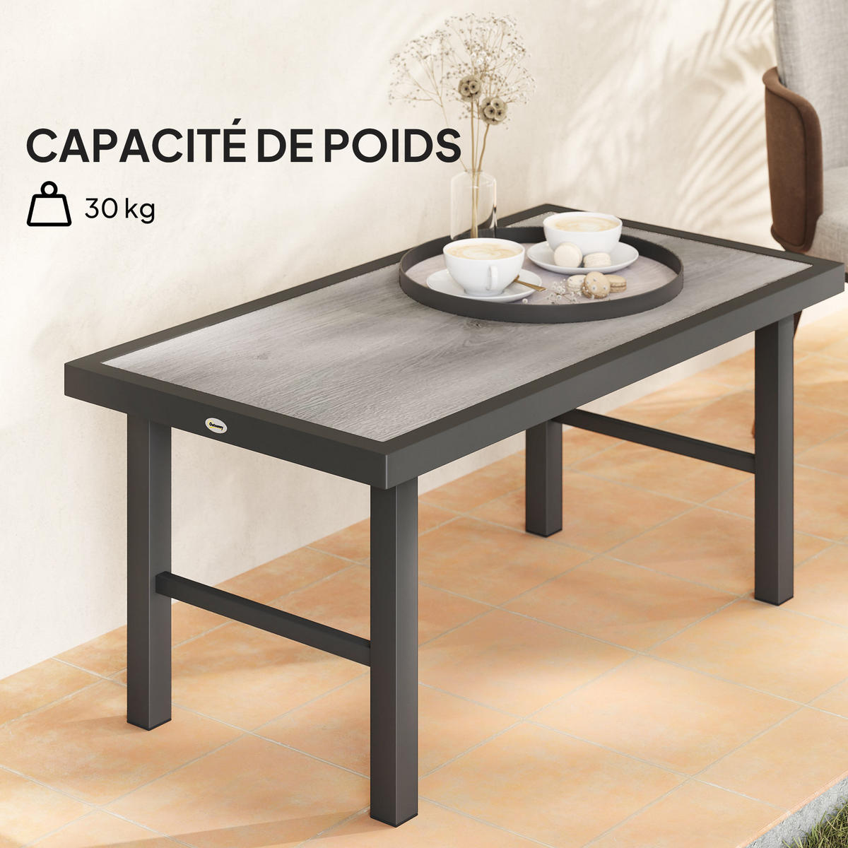 GARTENBEISTELLTISCH DE-14181 rechteckig 100x52 cm, Holzoptik Schwarz - Grau, Metall (100/52/46cm) - ComfortXL