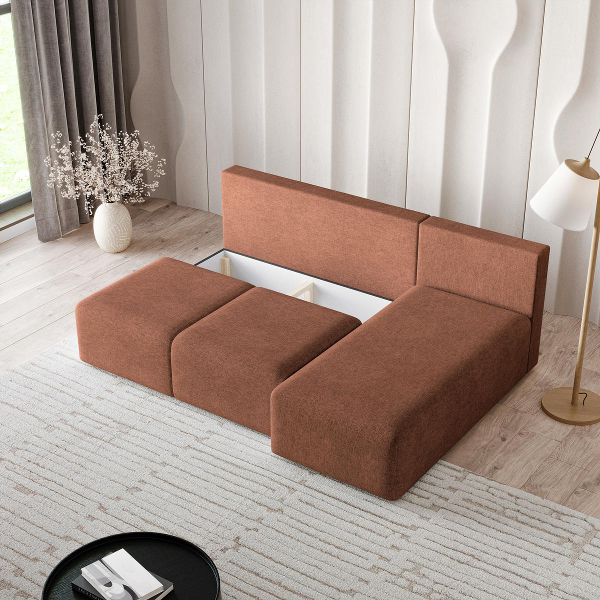ECKSOFA TRAMA Kupferfarben Geflochtener Stoff mit Schlaffunktion - Kupferfarben, Holz (200/143cm) - MASSENO