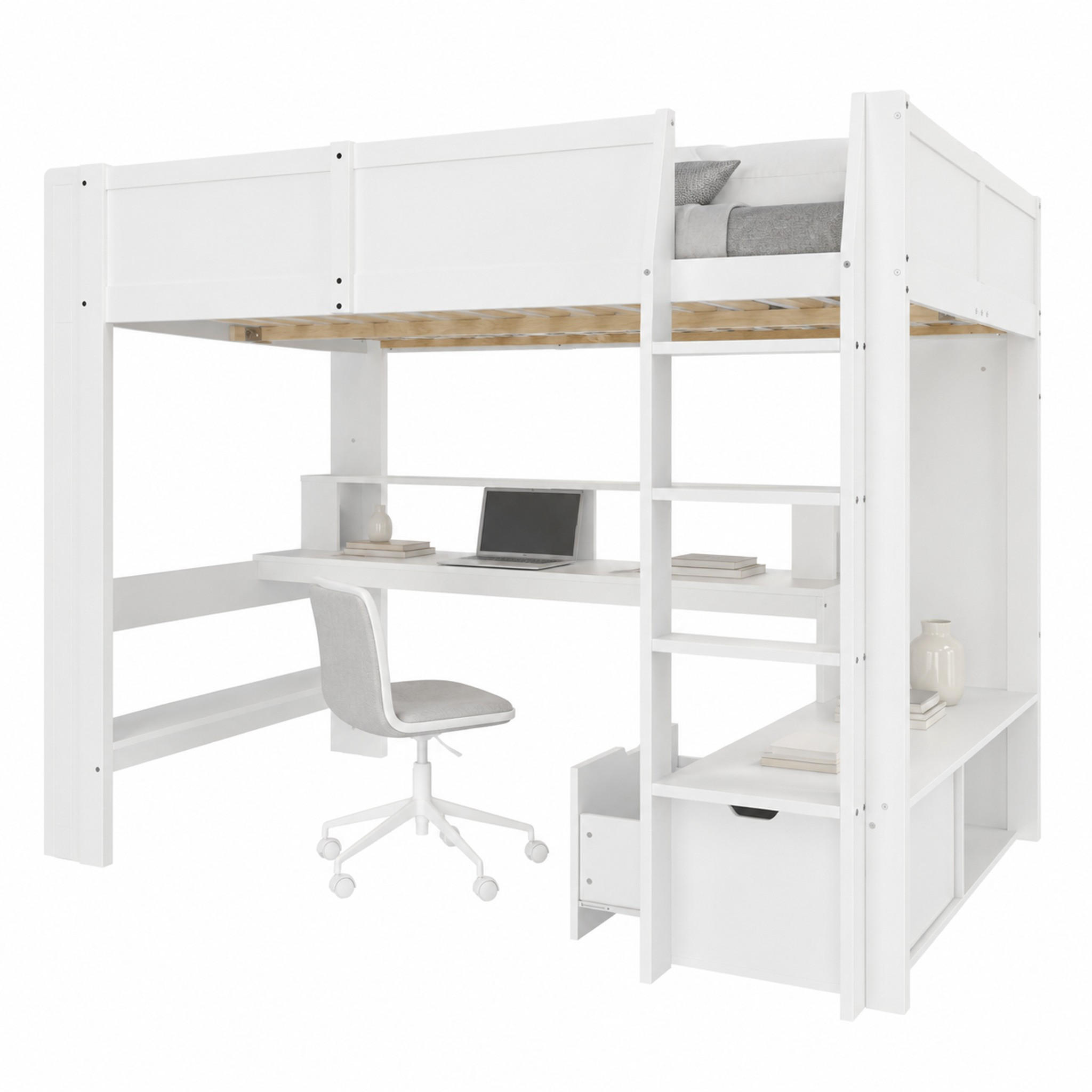HOCHBETT mit Schreibtisch 140x200 cm Weiß mit LED und Stauraum - Weiß, Holz (140/200cm) - Meubliv