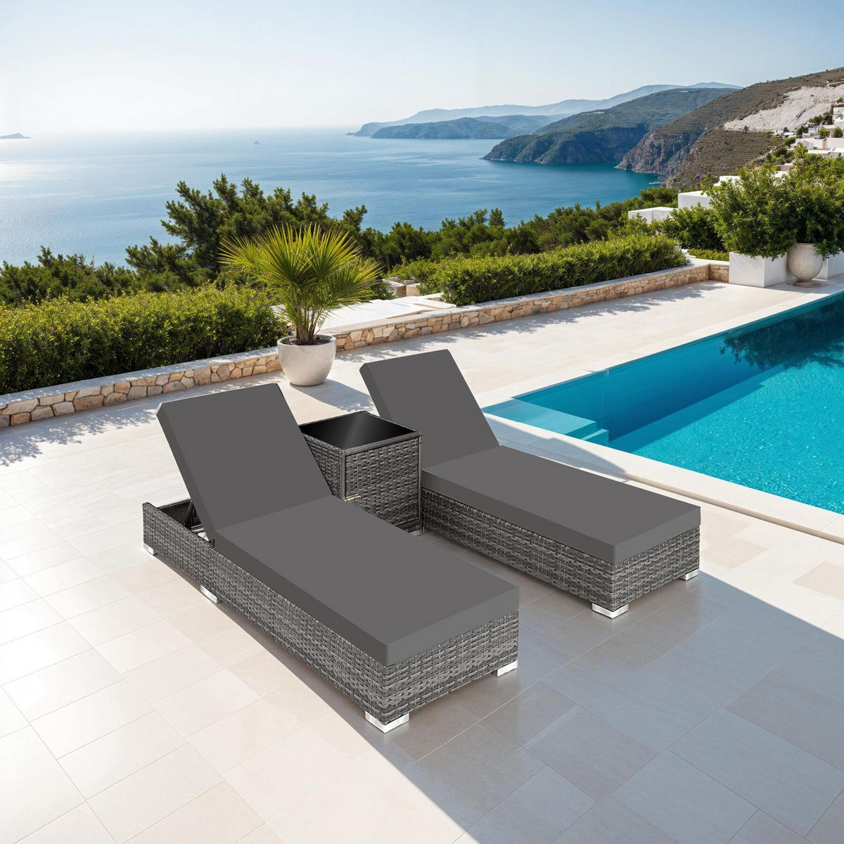 RATTAN-SONNENLIEGEN 2er Set, wetterfest und UV-beständig, grau - Grau, Kunststoff (60/21/184cm) - tectake