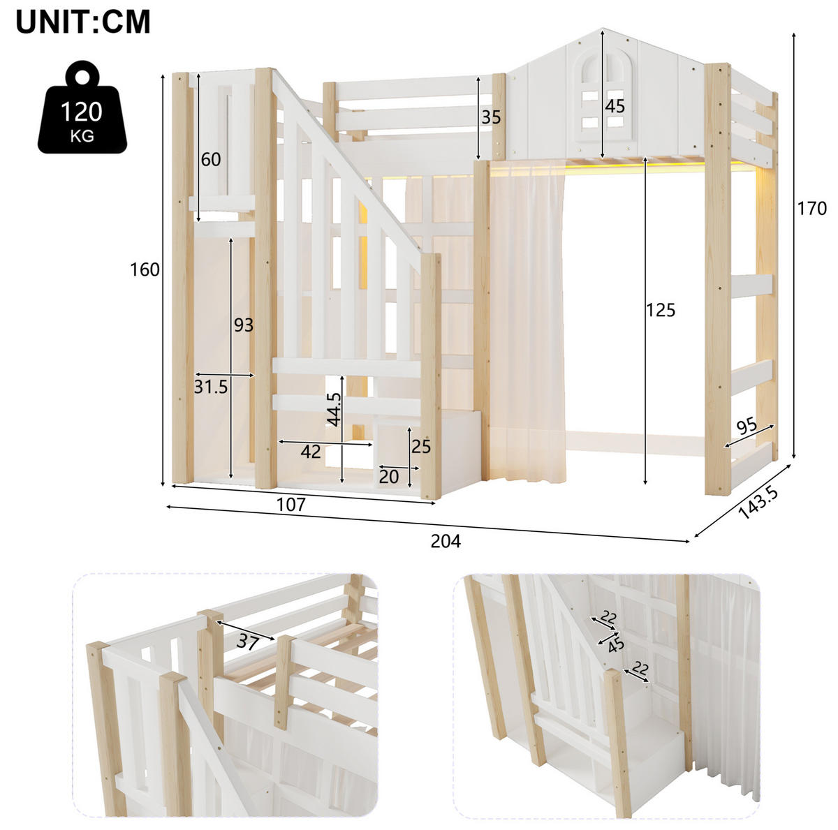 HOCHBETT 90/200 cm, Weiß/Natur mit LED und Ablageleiter - Weiß, Holz (90/200cm) - MIVRAY