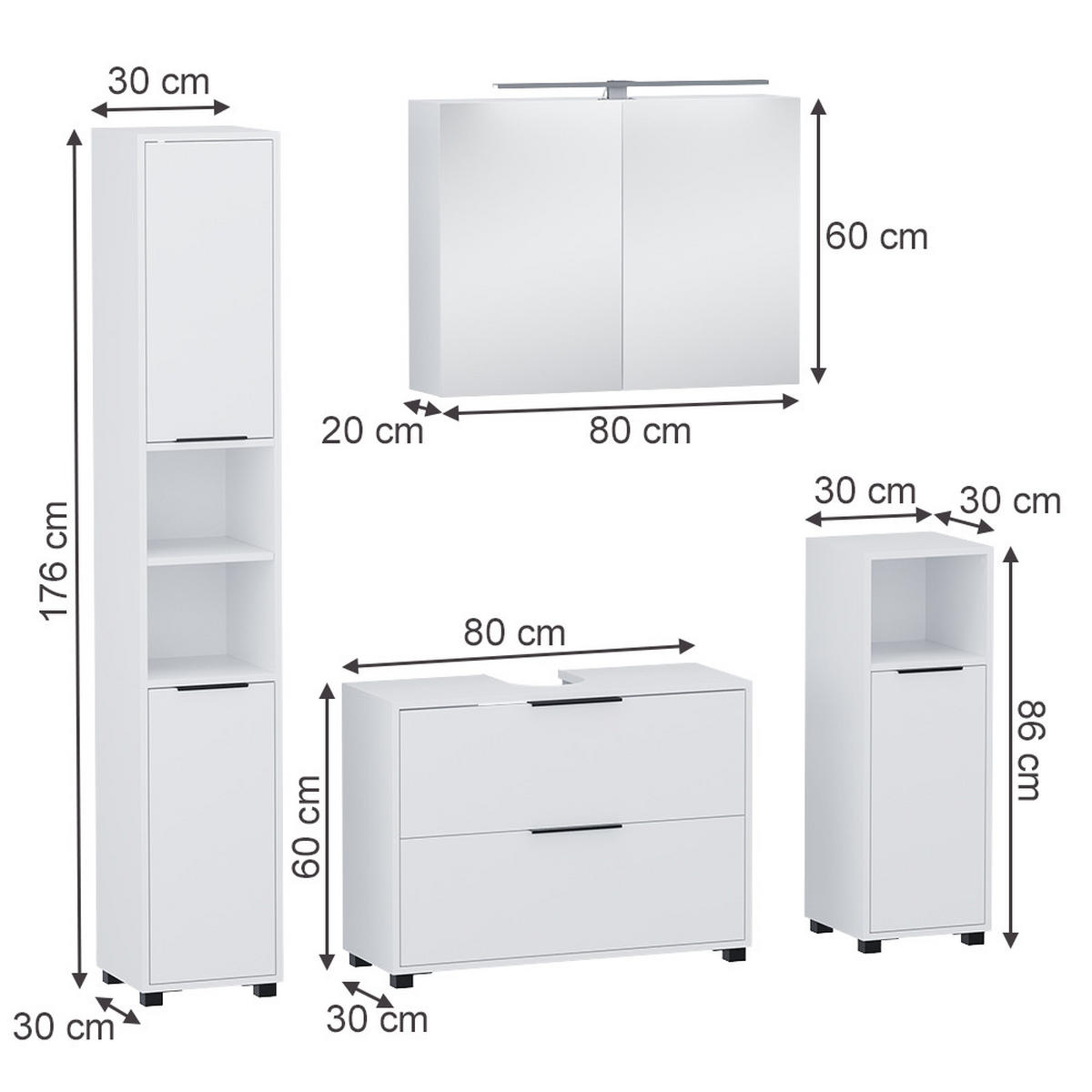 BADMÖBEL-SET Alina Weiß 4 Teile - Weiß, Holzwerkstoff (80/60/30cm) - Vicco