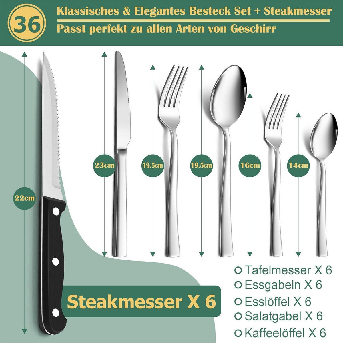 BESTECKSET 36-teilig für 6 Personen mit Steakmessern - Silberfarben, Metall