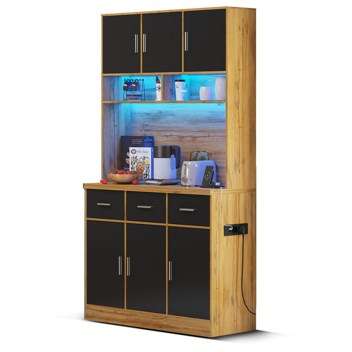 BUFFETSCHRANK aus MDF in Natur/Schwarz mit LED, Steckdosenleiste und Schubladen, 100/40/180 cm, Natur/Schwarz - Naturfarben, Holzwerkstoff (40/180/100cm) - Redom
