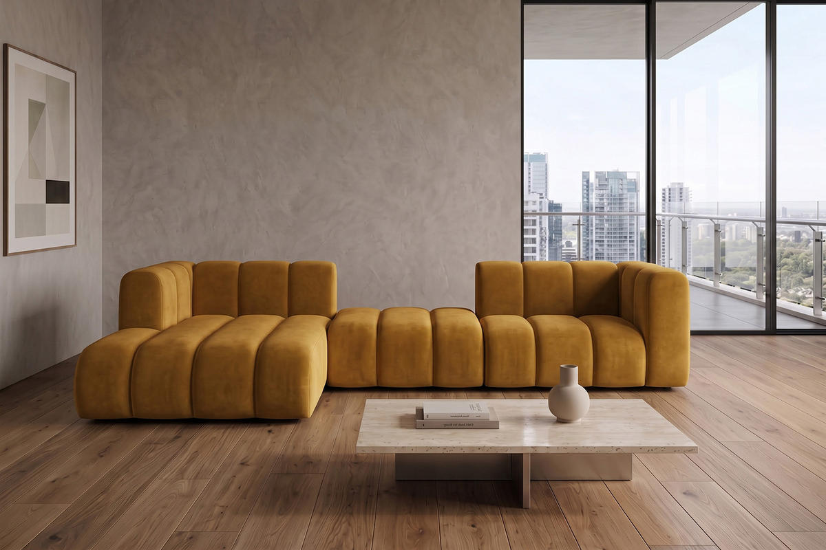 ECKSOFA Modulares In L-Form, Velvet-Stoff Riviera, Senffarbe, Links, GRAND 319 cm - Gelb, Holz (319/175cm) - Kaiser Möbel