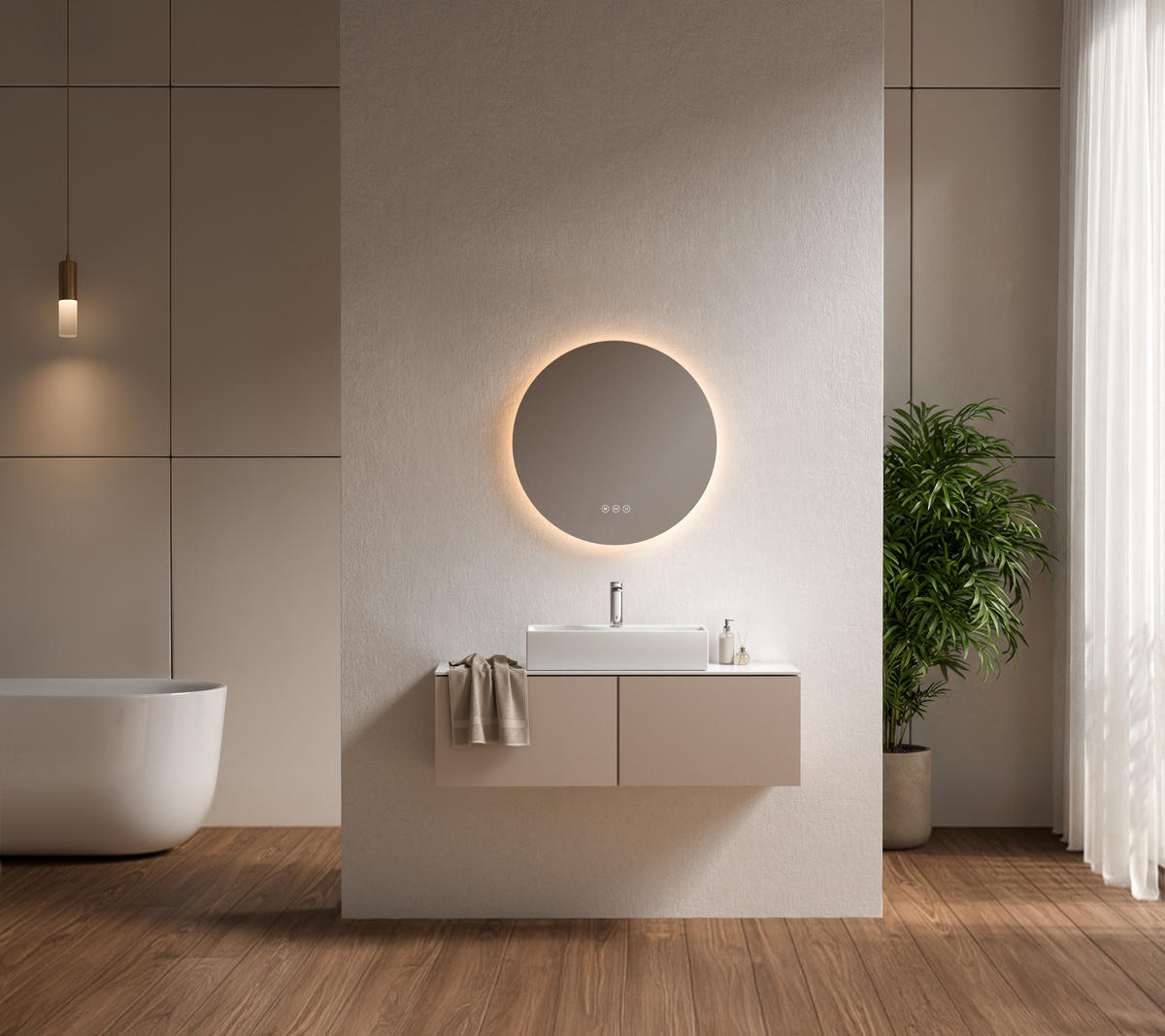 BADSPIEGEL Rund mit Beleuchtung Rahmenlos, 3 Lichtfarben, beschlagfrei, Ø 50 cm - Weiß, Glas (50/3.5/50cm) - EMKE