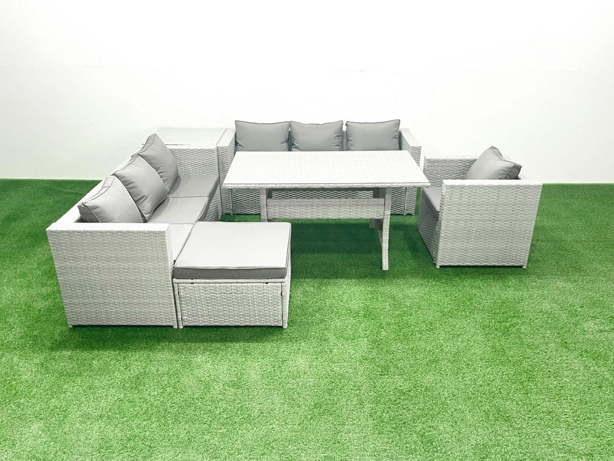 GARTENMÖBEL SET mit 3-Sitzer-Sofa und Sessel, Esstisch,Beistelltisch,Großer Fußhocker Polyrattan Hellgrau 8-Sitzer - Hellgrau/Grau, Glas/Kunststoff - Fimous