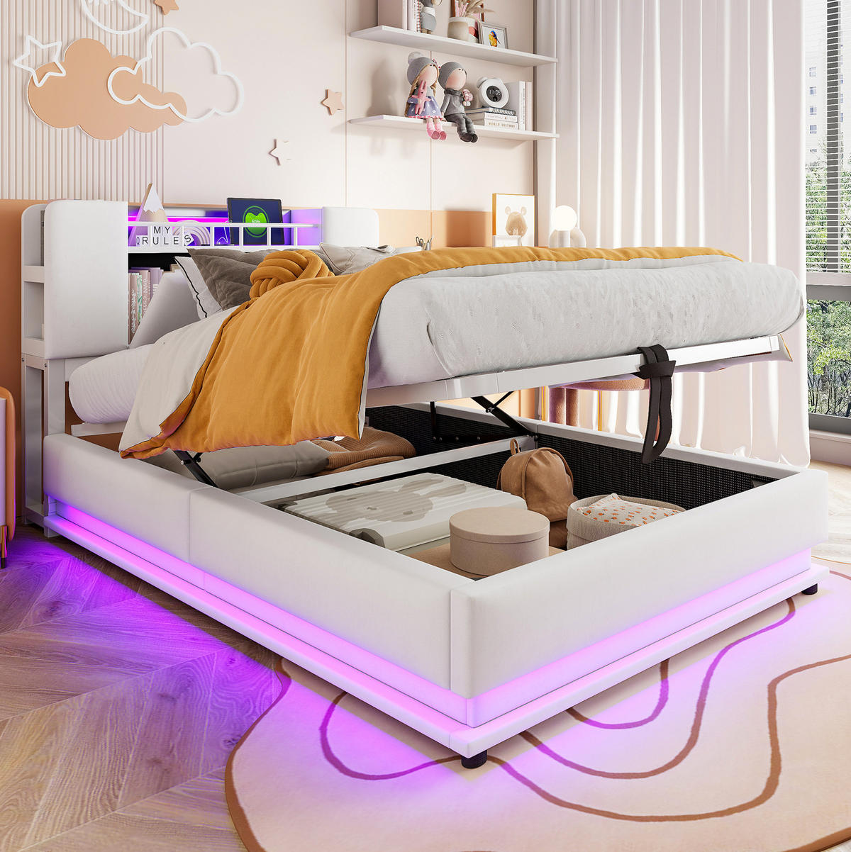 POLSTERBETT mit LED, USB und Stauraum 90x200 cm Beige - Beige, Metall (90/200cm) - Meubliv