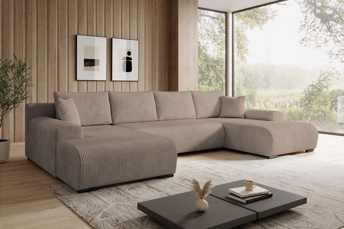 WOHNLANDSCHAFT Nelly U mit Bettkasten und Schlaffunktion, Cordstoff in U-Form - Beige, Textil (349/80/185cm)