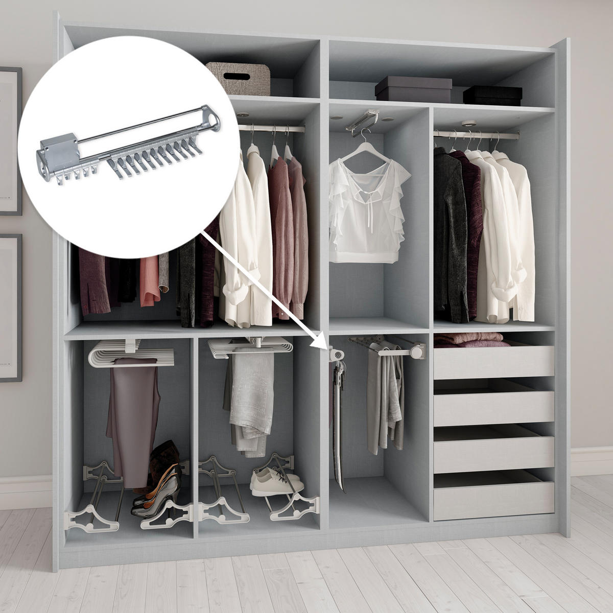 KRAWATTENHALTER seitlich ausziehbar Self, Grau metallic, Stahl und Kunststoff - Silberfarben, Metall (7.5/8/43cm) - EMUCA