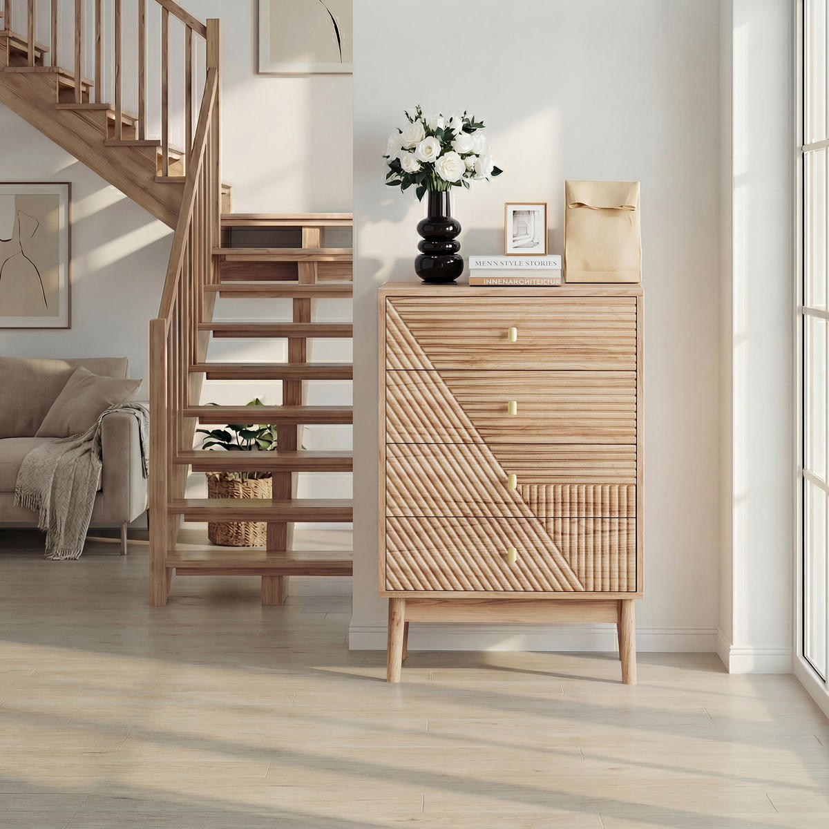 KOMMODE aus MDF und Holzspanplatte 60x40x90 cm eichefarben mit 4 Schubladen und Beinen - Nussbaumfarben, Holzwerkstoff (60/90/40cm) - Modfu