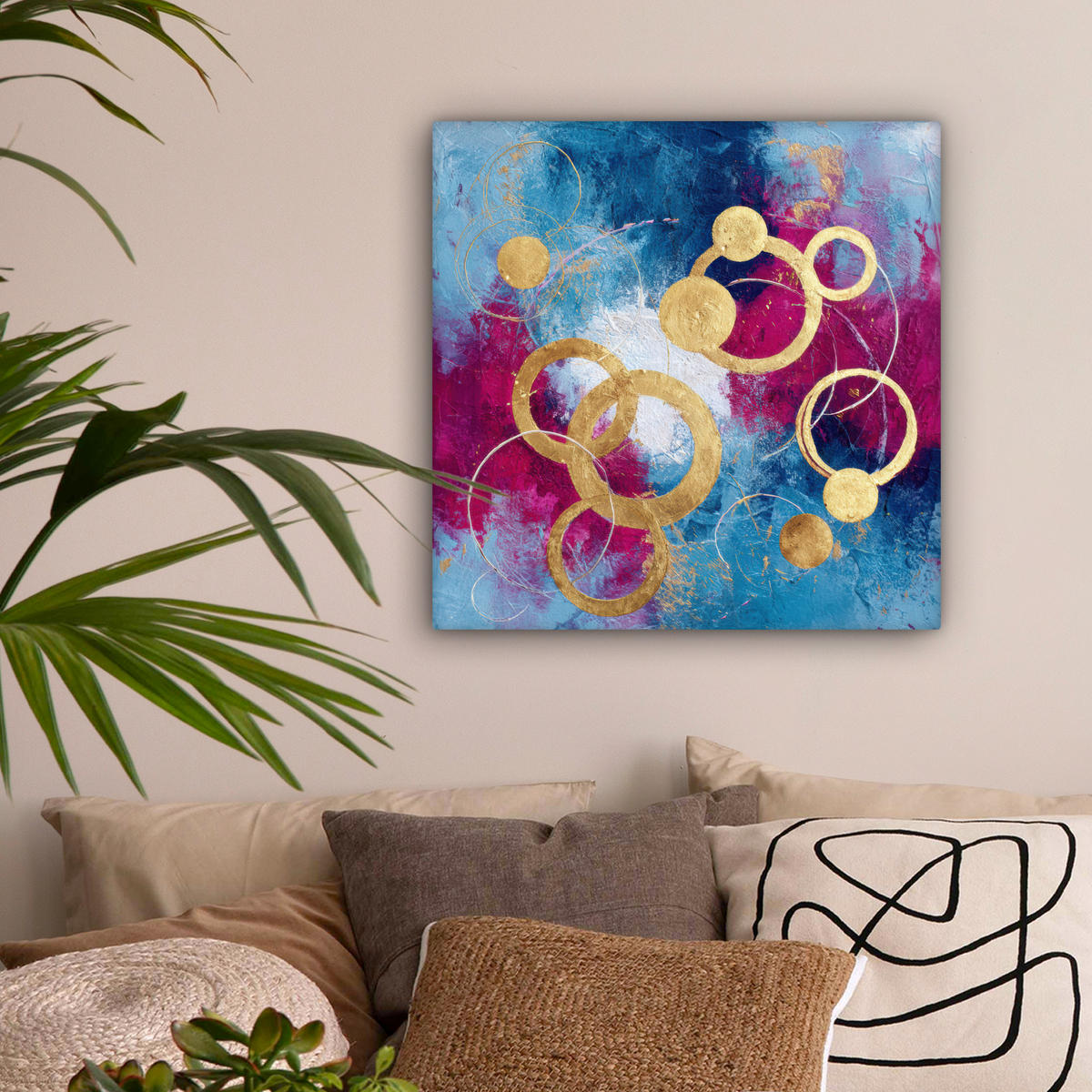 LEINWANDBILD Kreise - Gold - Abstrakt Wandbild Wohnzimmer 50x50 cm - Blau, Textil (50/50cm) - MuchoWow