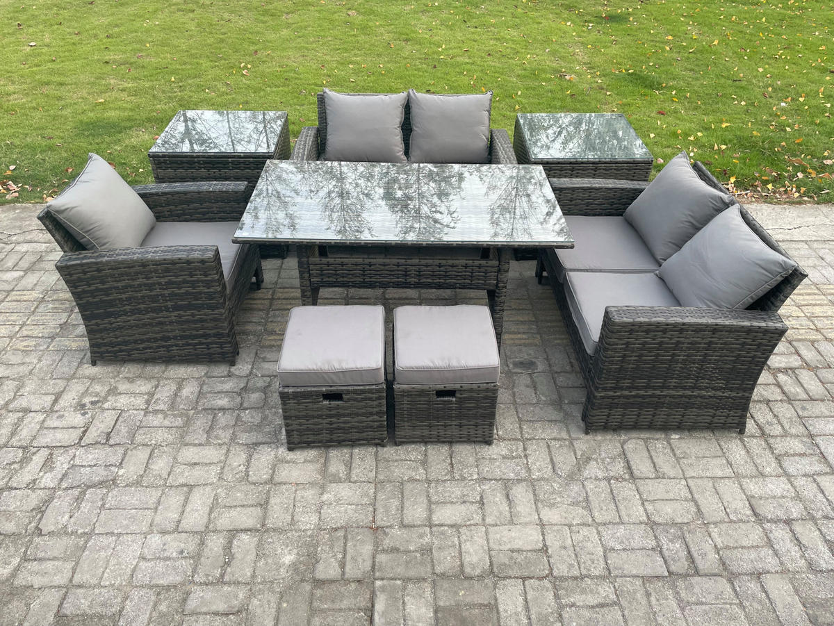 BALKONMÖBEL-SETS mit 2-Sitzer Sofa,2 Hockern,Esstisch,2 Beistelltischen Polyrattan Dunkelgrau 7-Sitzer - Dunkelgrau/Grau, Glas/Kunststoff - Fimous