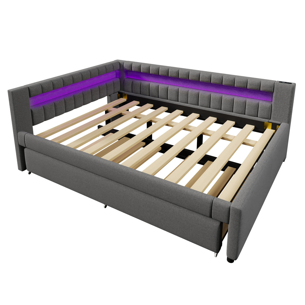 TAGEBETT 140x200cm Grau LED-Licht Ausziehbett USB Leinen - Grau, Holz (140/200cm) - FLIEKS