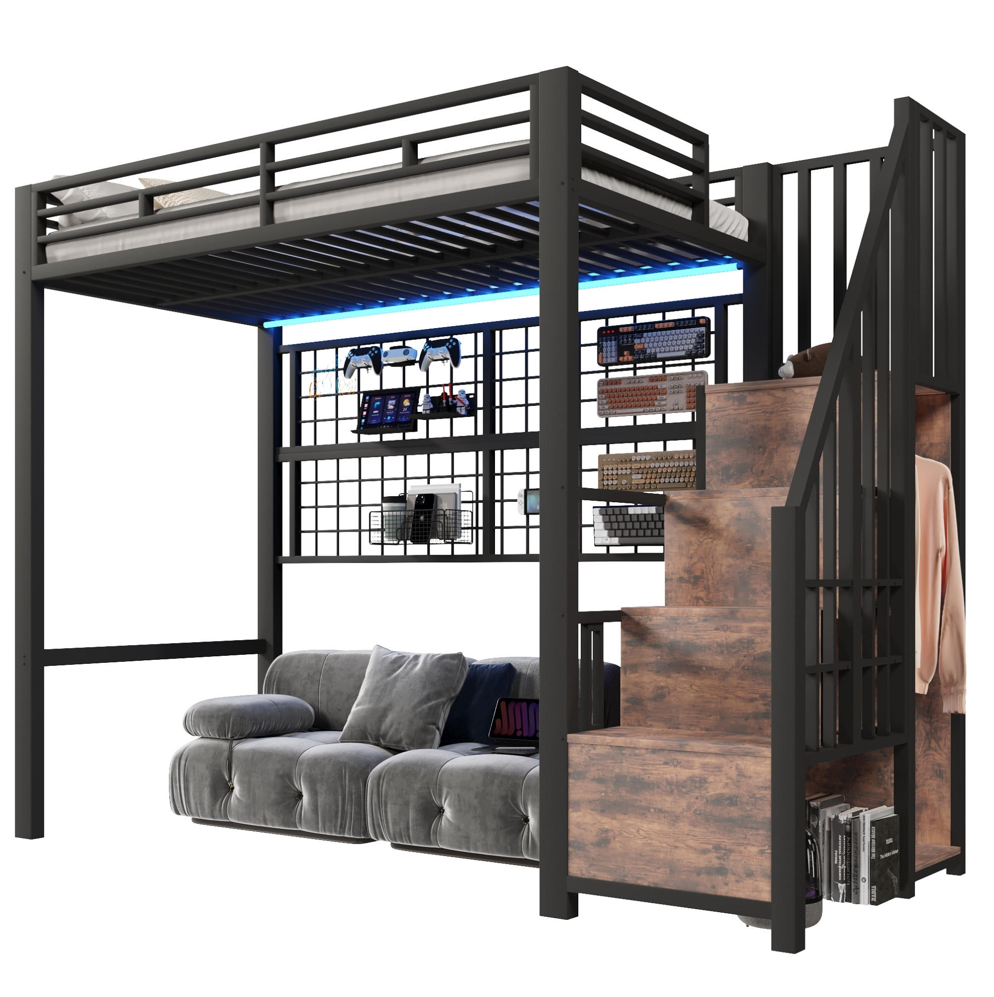HOCHBETT 90/200 cm aus Metall/MDF mit Stauraumleiter, Kleiderschrank und LED-Beleuchtung Schwarz - Schwarz, Metall (90/200cm) - Modenvie