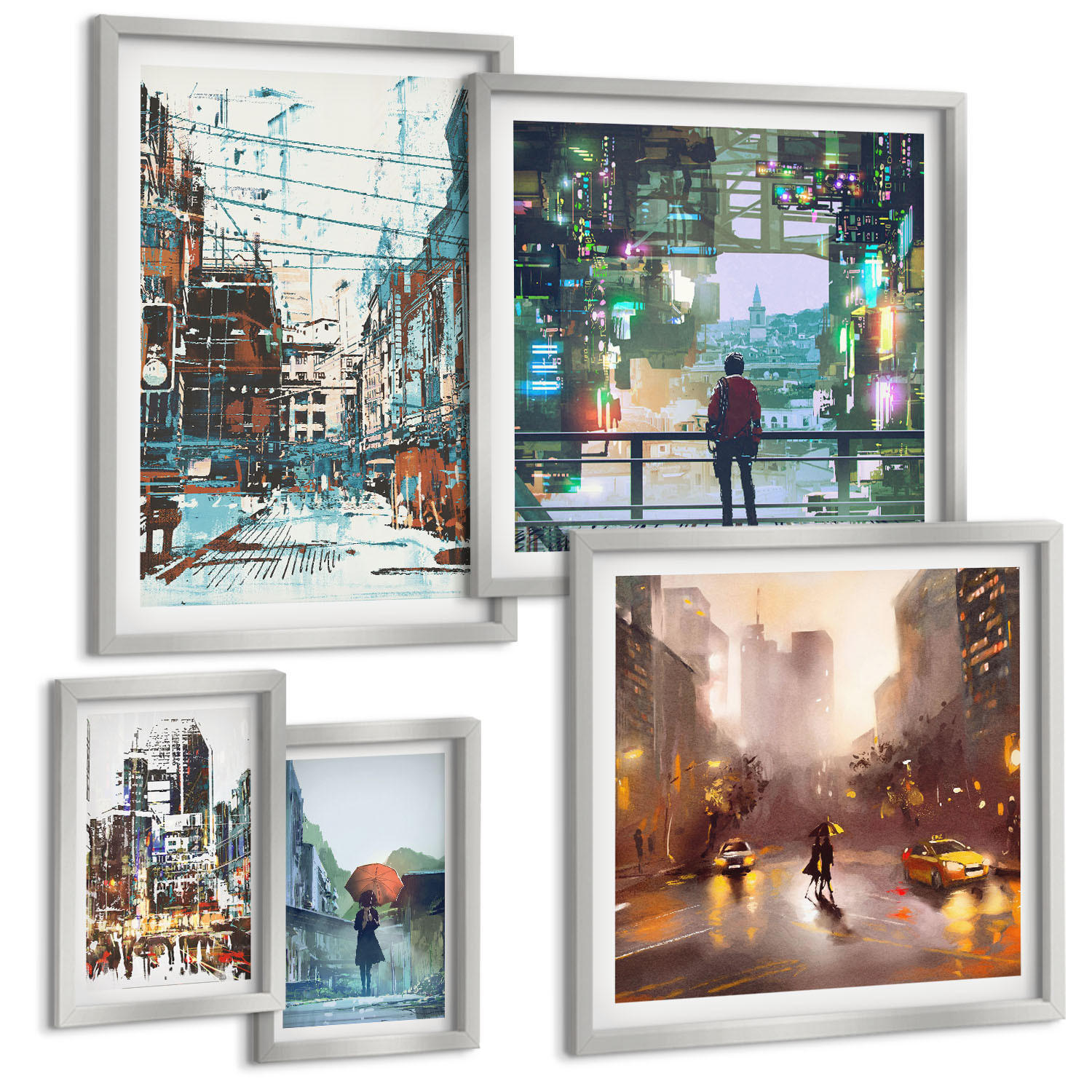 BILDER SET 5er Set - 50x50 cm & 20x30 cm & 40x60 cm Silberner Rahmen - Moderne, farbenfrohe Städte mit Charakteren - Silberfarben, Kunststoff (40/60cm) - TULUP