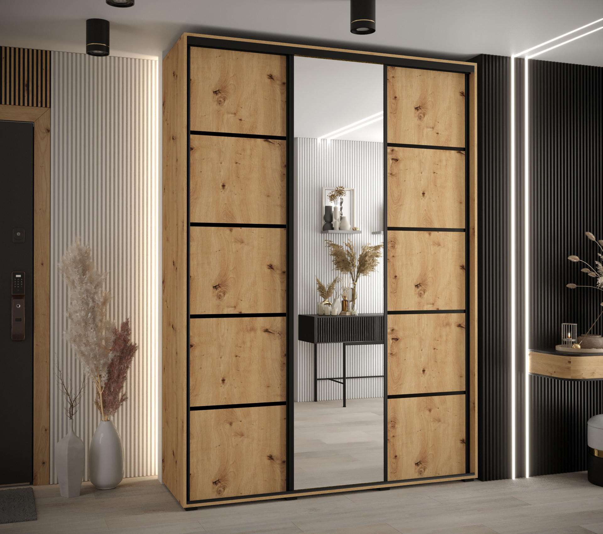 SCHWEBETÜRENSCHRANK 235,2/180/45 3-türig - Schwarz/Eiche Artisan, Holz/Metall (180/235/45cm) - Abiks Möbel