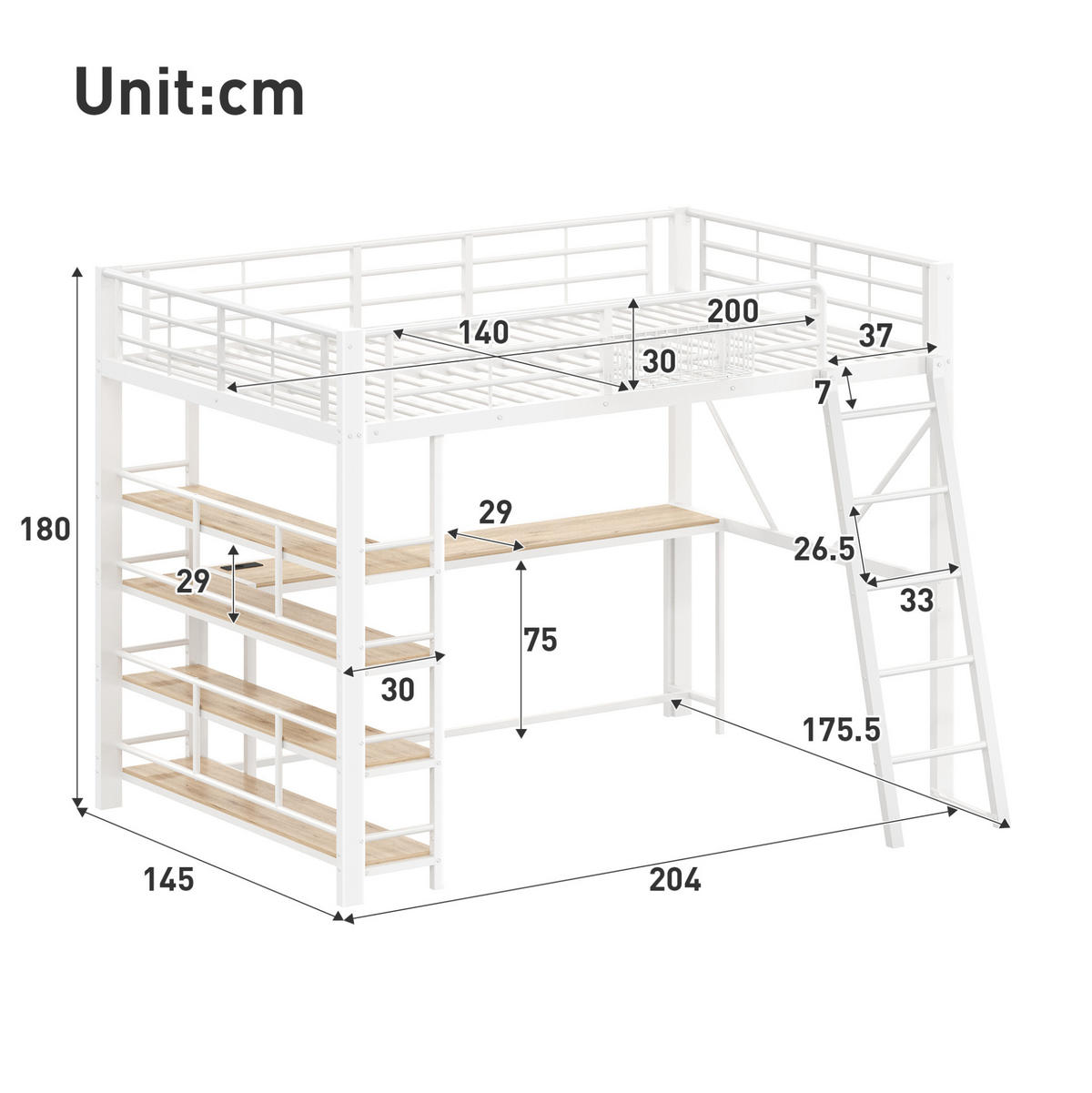 HOCHBETT aus Metall und MDF 140x200 cm Weiß mit Schreibtisch, LED-Beleuchtung, Regal und Aufbewahrungskorb - Weiß, Holzwerkstoff (140/200cm) - Modfu