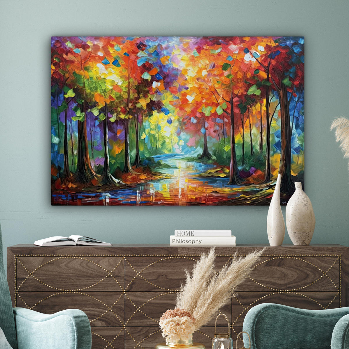 LEINWANDBILD Landschaft - Wald - Farben - Natur Wohnzimmer 120x80 cm - Multicolor, Textil (120/80cm) - MuchoWow