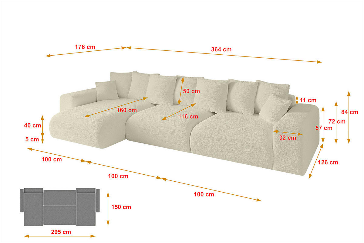 ECKSOFA Ottomane links ESKAR-L 364x176x84 Creme Bouclé - Creme/Schwarz, Holzwerkstoff/Kunststoff (364/176cm) - ALTDECOR