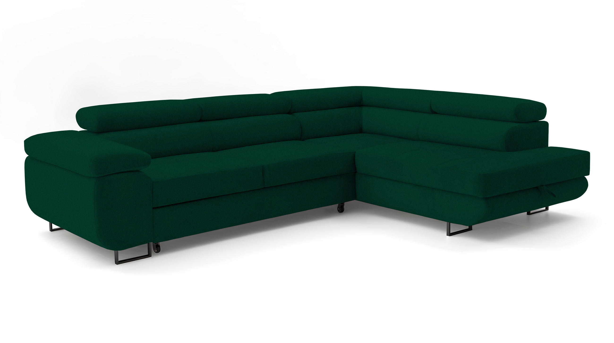 ECKSOFA Velmo mit Bettkasten und Schlaffunktion, verstellbaren Kopfstützen, in L-Form - Dunkelgrün, Textil (275/203cm)