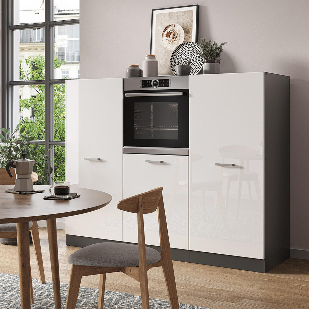 KÜCHENBLOCK R-Line Weiß Hochglanz/Anthrazit 180 cm ohne Arbeitsplatte - Weiß Hochglanz/Anthrazit, Holzwerkstoff (180/143/46cm) - Vicco