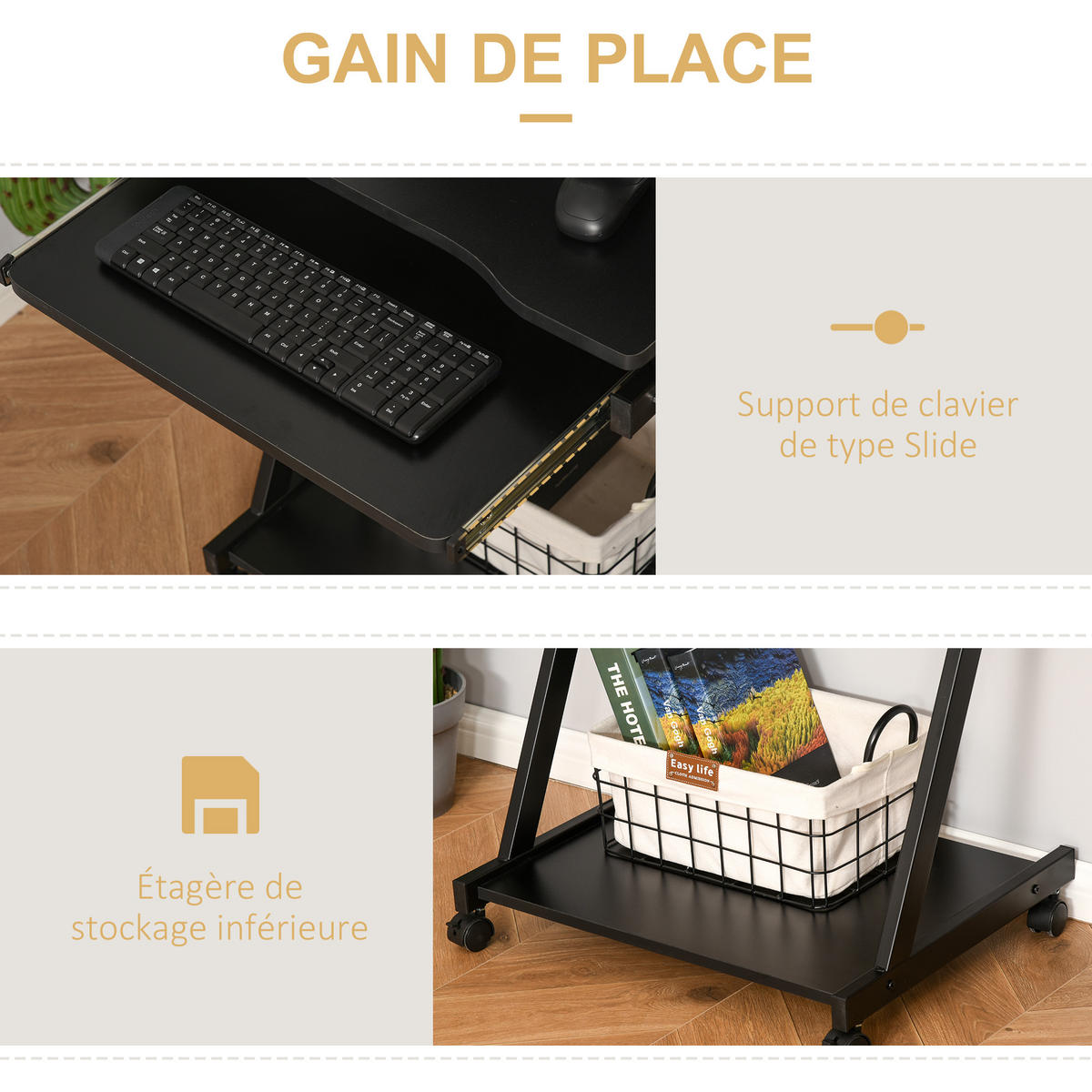 COMPUTERTISCH Schwarz rollbar mit Tastaturauszug und Ablage 60/48/73 cm - Schwarz, Holzwerkstoff (48/60/73cm) - PANGIVO