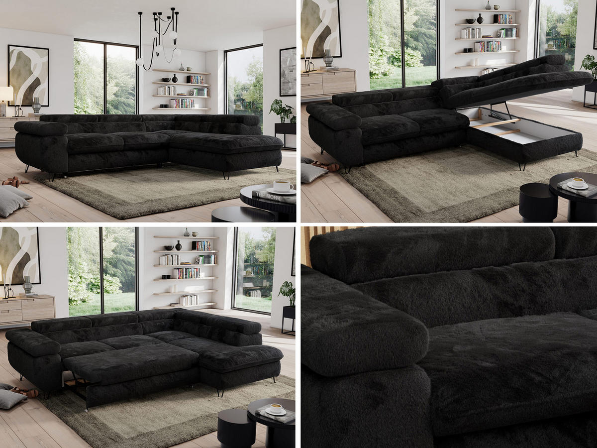 ECKSOFA PEDRO L Schwarz Plüsch - Rechts Seite - Schwarz, Textil/Metall (273/208cm) - MKS