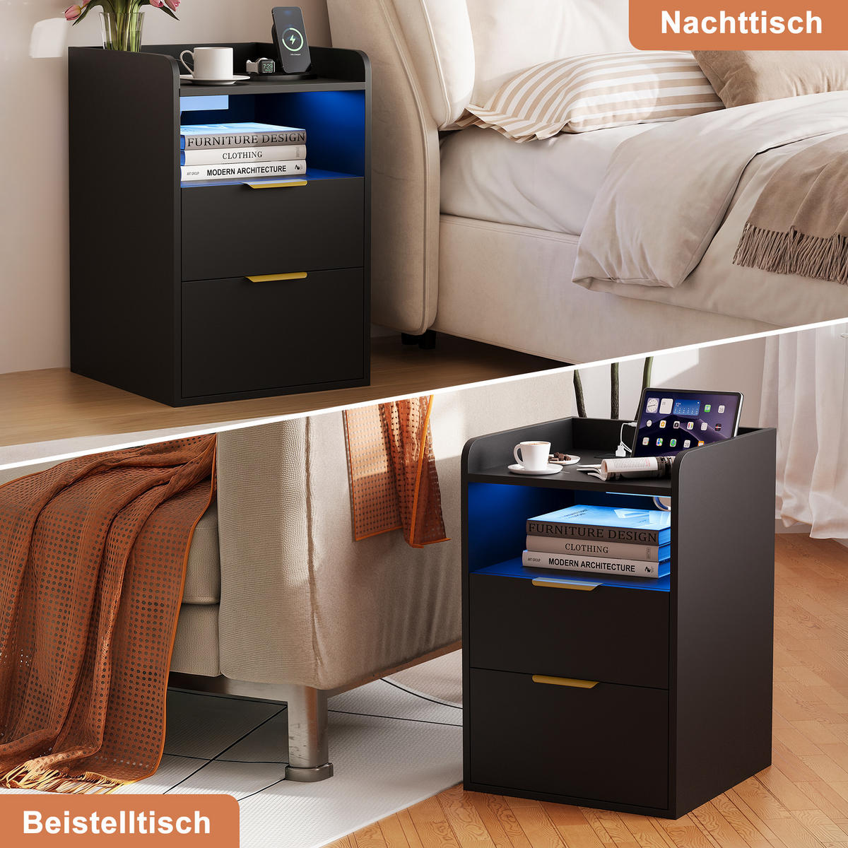NACHTTISCH Schwarz mit 2 Schubladen, Bettseittisch mit LED-Beleuchtung und Ladeanschlüssen, 40/40/60 cm - Goldfarben/Schwarz, Holz/Metall (40/60/40cm) - BPKADHY