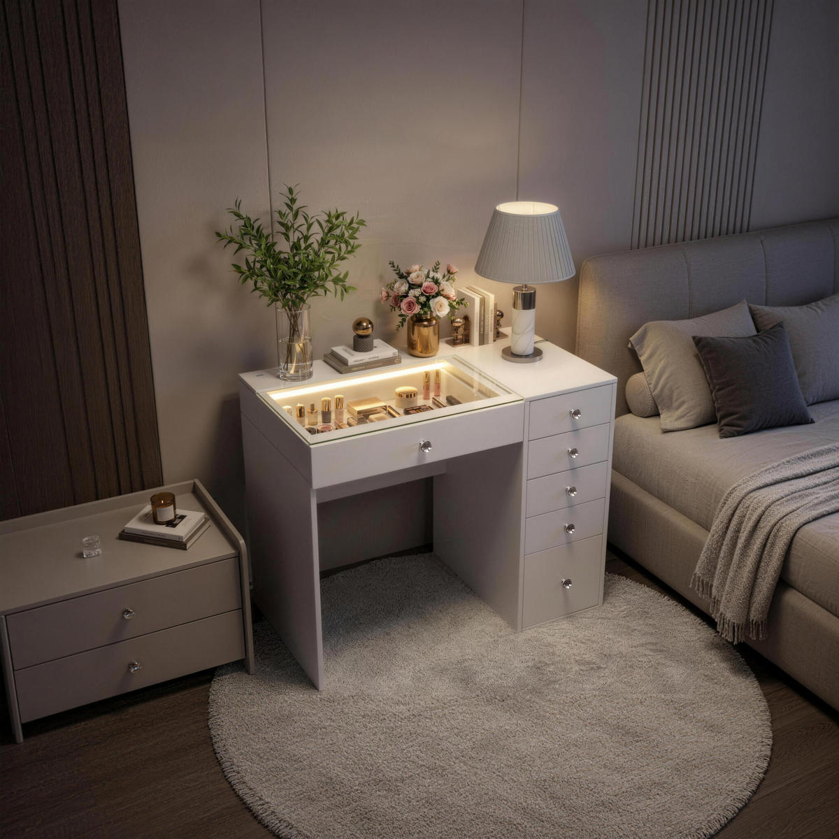 KONSOLENTISCH mit LED 6 Schubladen 92/55/81 CM - Weiß, Holz/Metall (92/55/81cm) - VANITII