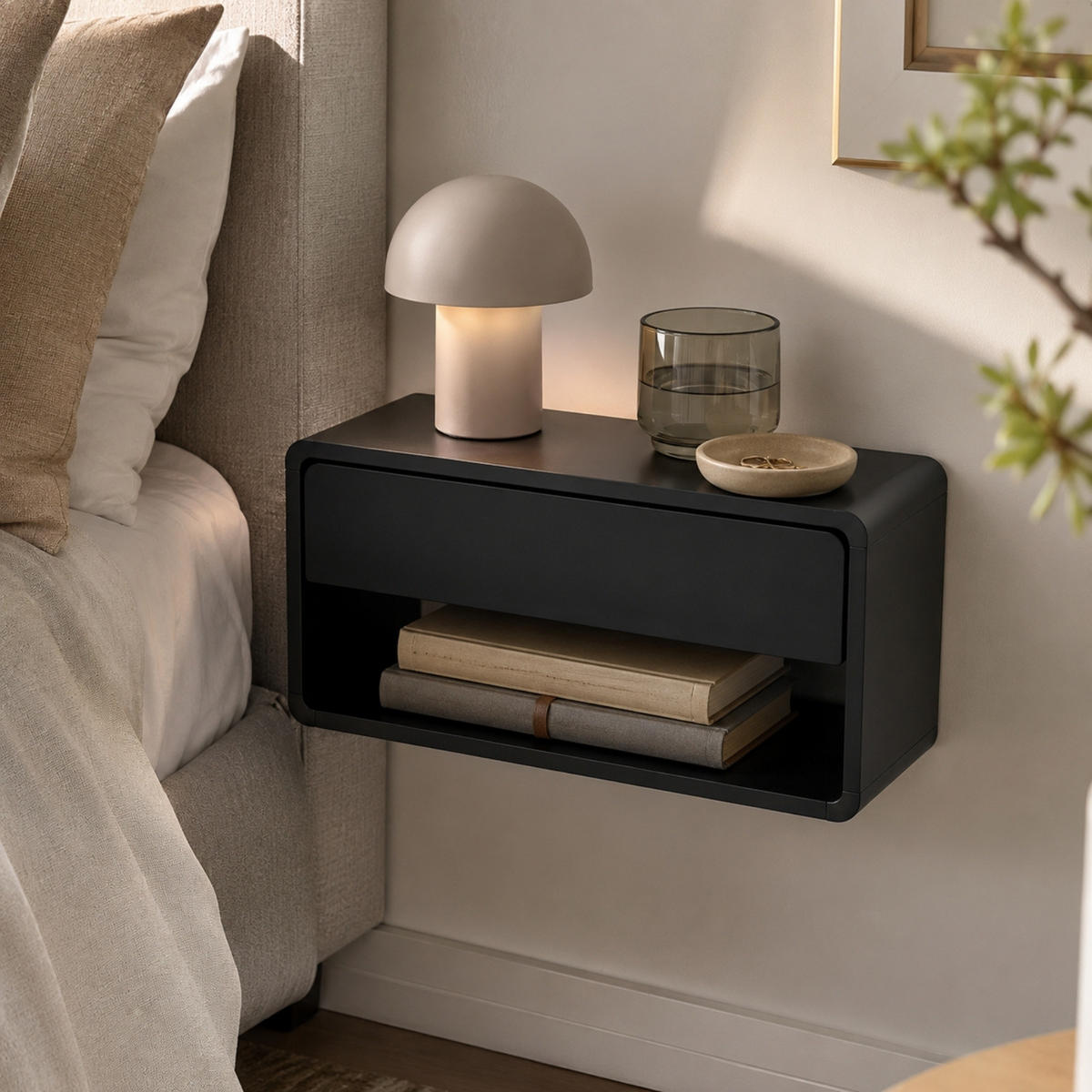 WAND-NACHTTISCH mit Schublade und Regal 46/25/21 cm - Schwarz, Holzwerkstoff (25/21/46cm) - SCENA LIVING