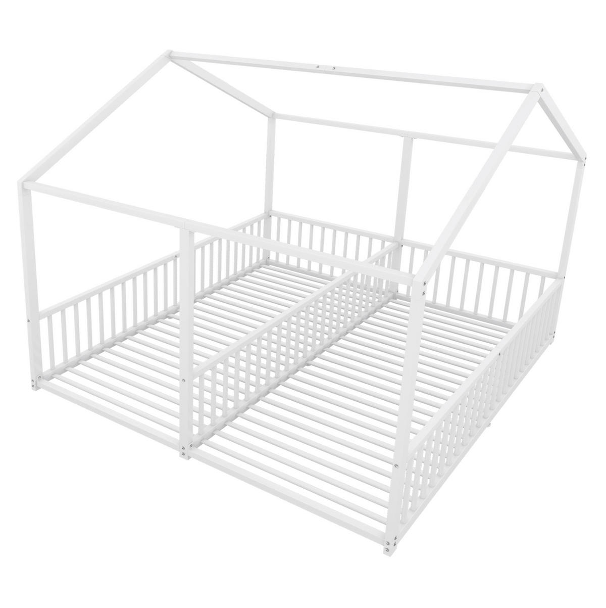 HAUSBETT 90/200 cm Weiß aus Metall in Hausform mit Leiter und Geländer - Weiß, Metall (90/200cm) - OKMYHOME