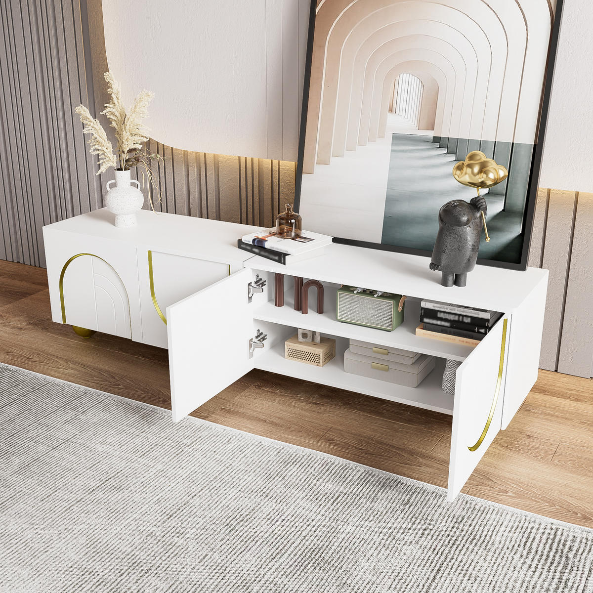 TV-SCHRANK in Weiß/Gold mit 4 Push-to-Open Türen 170/38/44 cm - Weiß, Holzwerkstoff (170/44/38cm) - Redom