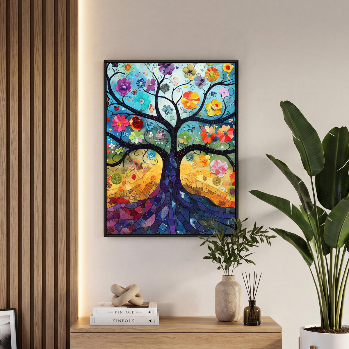 LEINWAND Bilder mit Rahmen - Kunst - Baum des Lebens - Blumen - Hippie - 60x80 - Dunkelblau, Textil (60/80cm) - MuchoWow