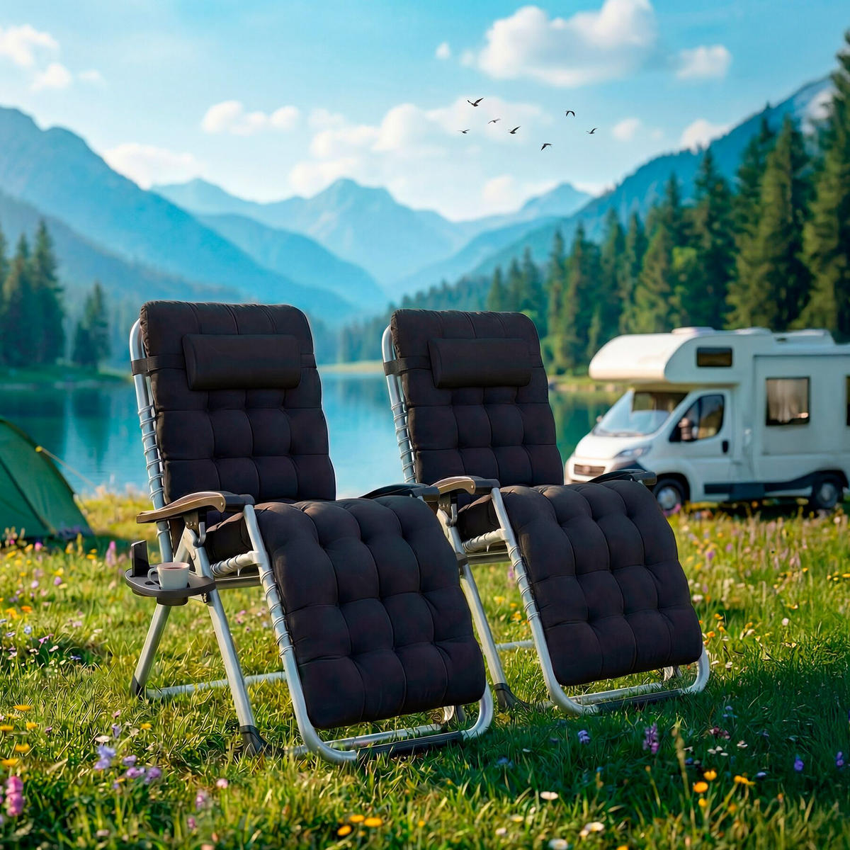 SONNENLIEGE 2er Set Cloud, 84 x 168 x 82,5 cm, mit Ablagetisch, schwarz - Schwarz, Kunststoff (84/103/113cm) - tectake